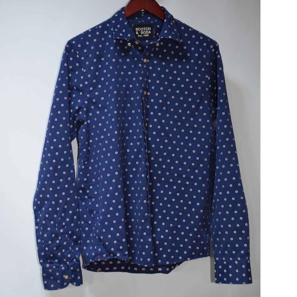 Scotch & Soda Button Down Shirt Mens Medium Blue Geometric Cotton Long Sleeve